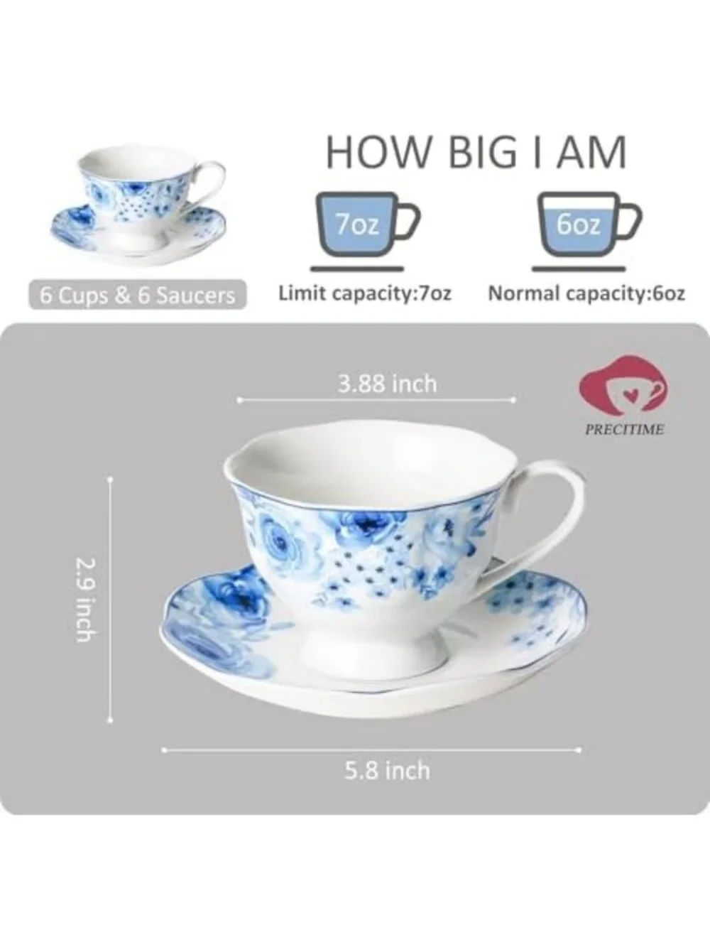 Elegant Blue Floral Porcelain Tea Cup & Saucer Set of 6 - Perfect for Tea Lovers